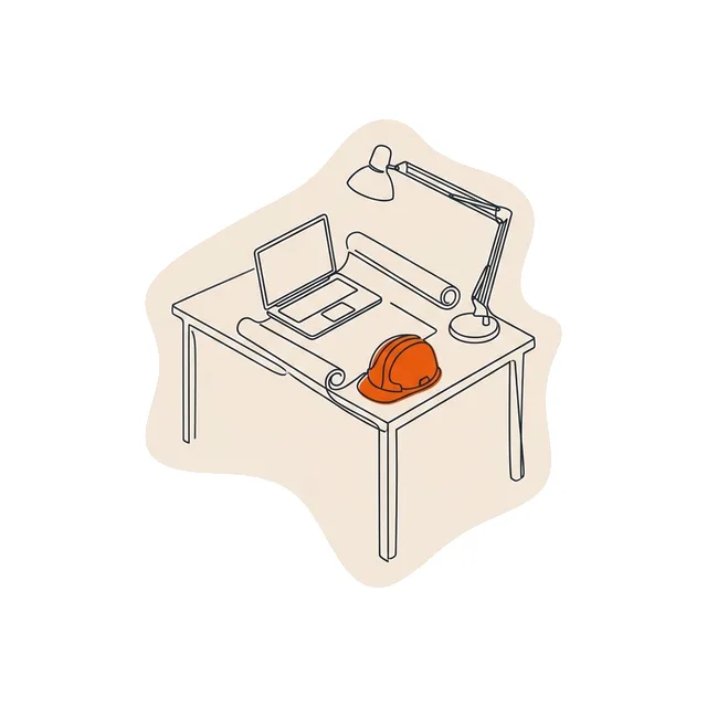 Petit bureau d’études neuf, plans roulés et casque de chantier